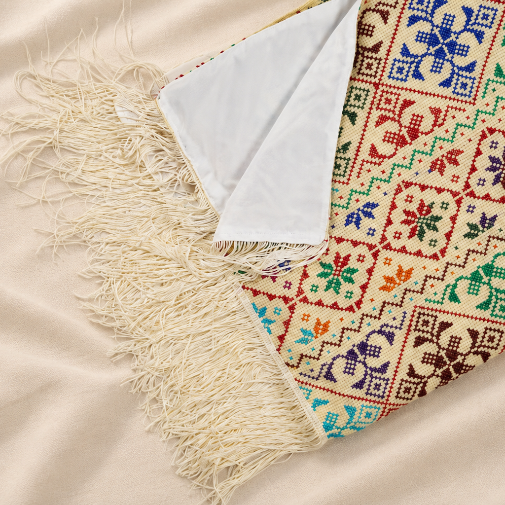 A close-up of a folded patterned scarf with cream fringe, laid on a light beige fabric background. The visible pattern shows a multicolor geometric and floral design in blue, green, red, purple, and brown on a warm cream base, with a white underside visible at the fold.